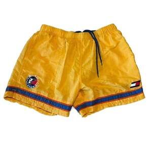 Vintage 90s Tommy Hilfiger Athletics Yellow Swim Trunks Shorts Size XL